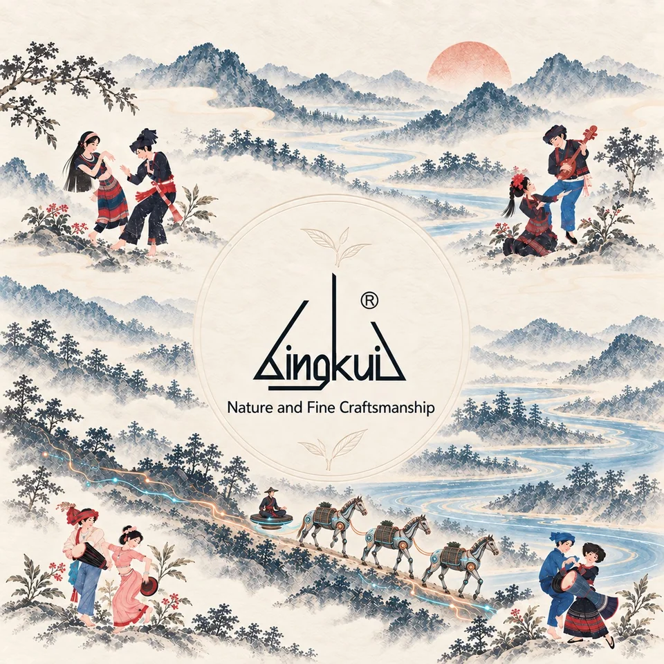 Original Bingkui product artwork: blue mountains, a coral sun, a winding river and people sharing music around the original central brand mark.