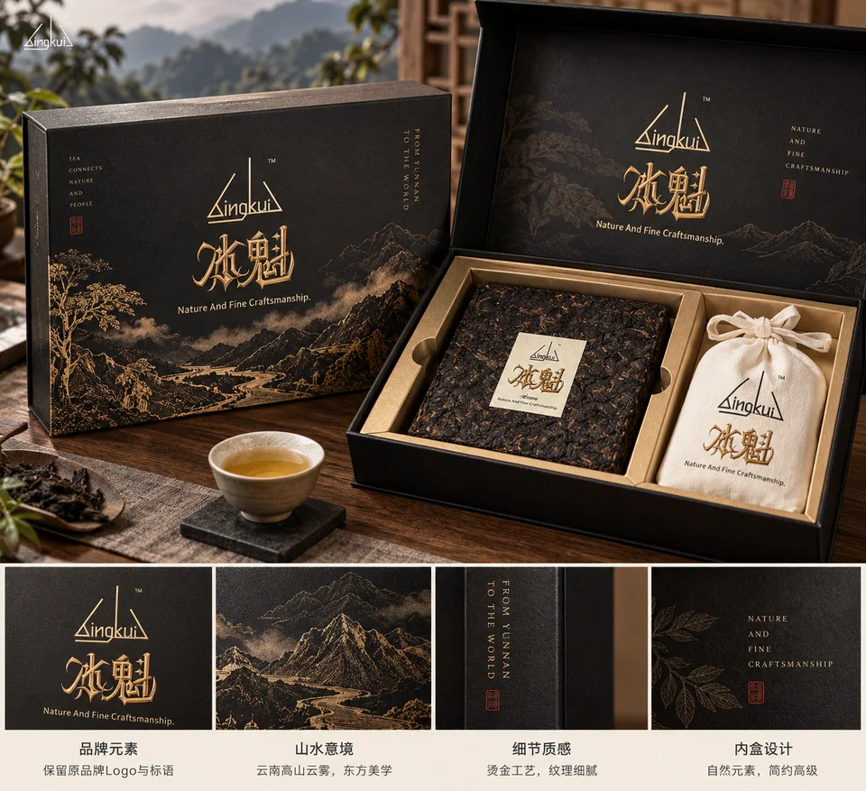 AI-generated black and gold Bingkui packaging concept